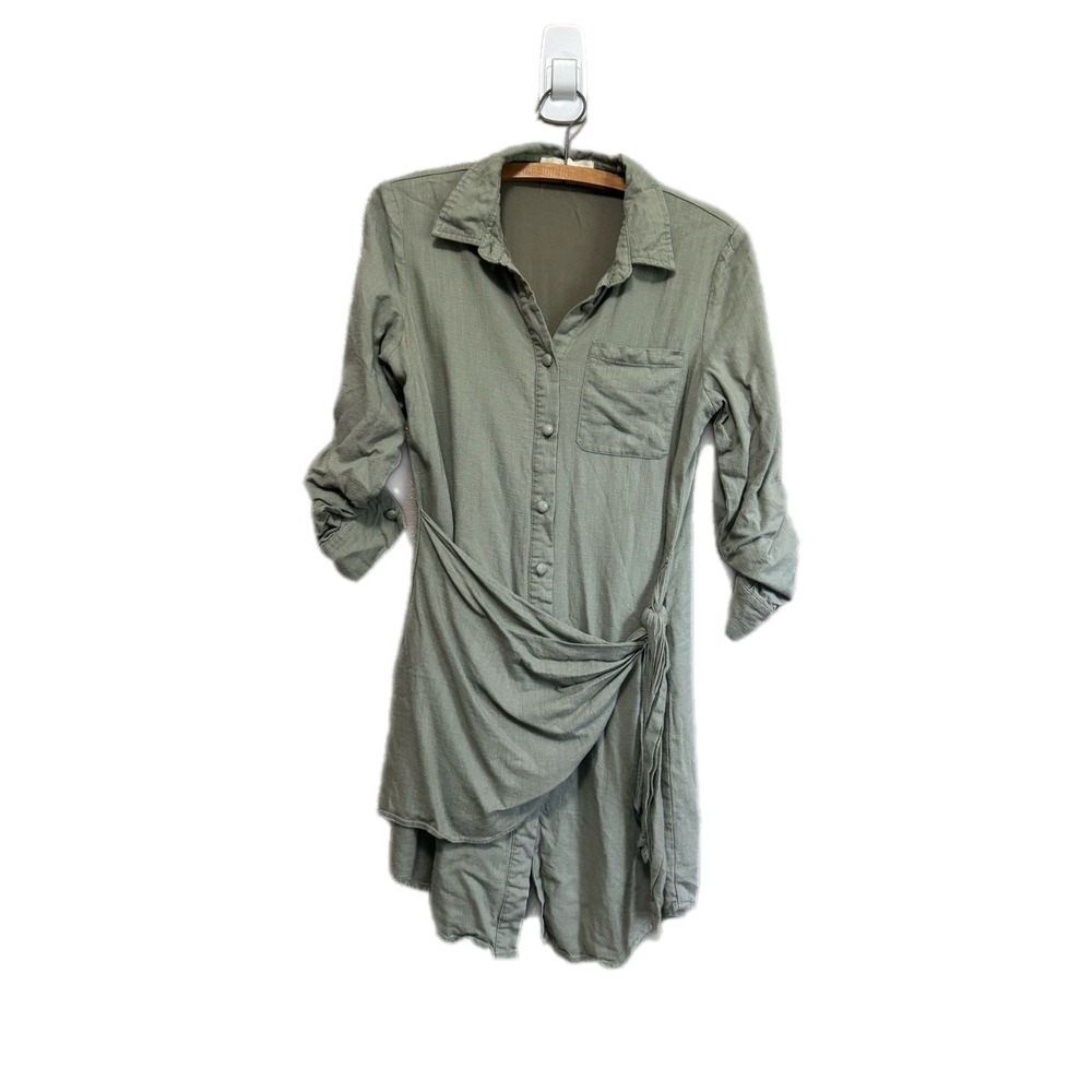 Lost in Lunar Shirt Dress Women S Sage Green Excellent Linen Blend Wrap Front - Picture 3 of 11